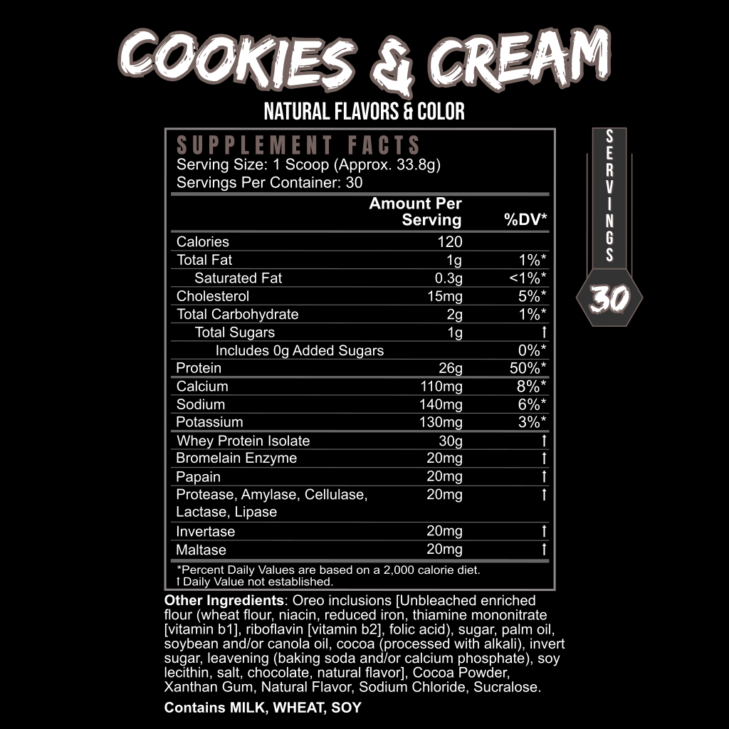 post-workout muscle recovery supplement facts label for Cookies & Cream whey protein, detailing isolate, enzymes and nutrition