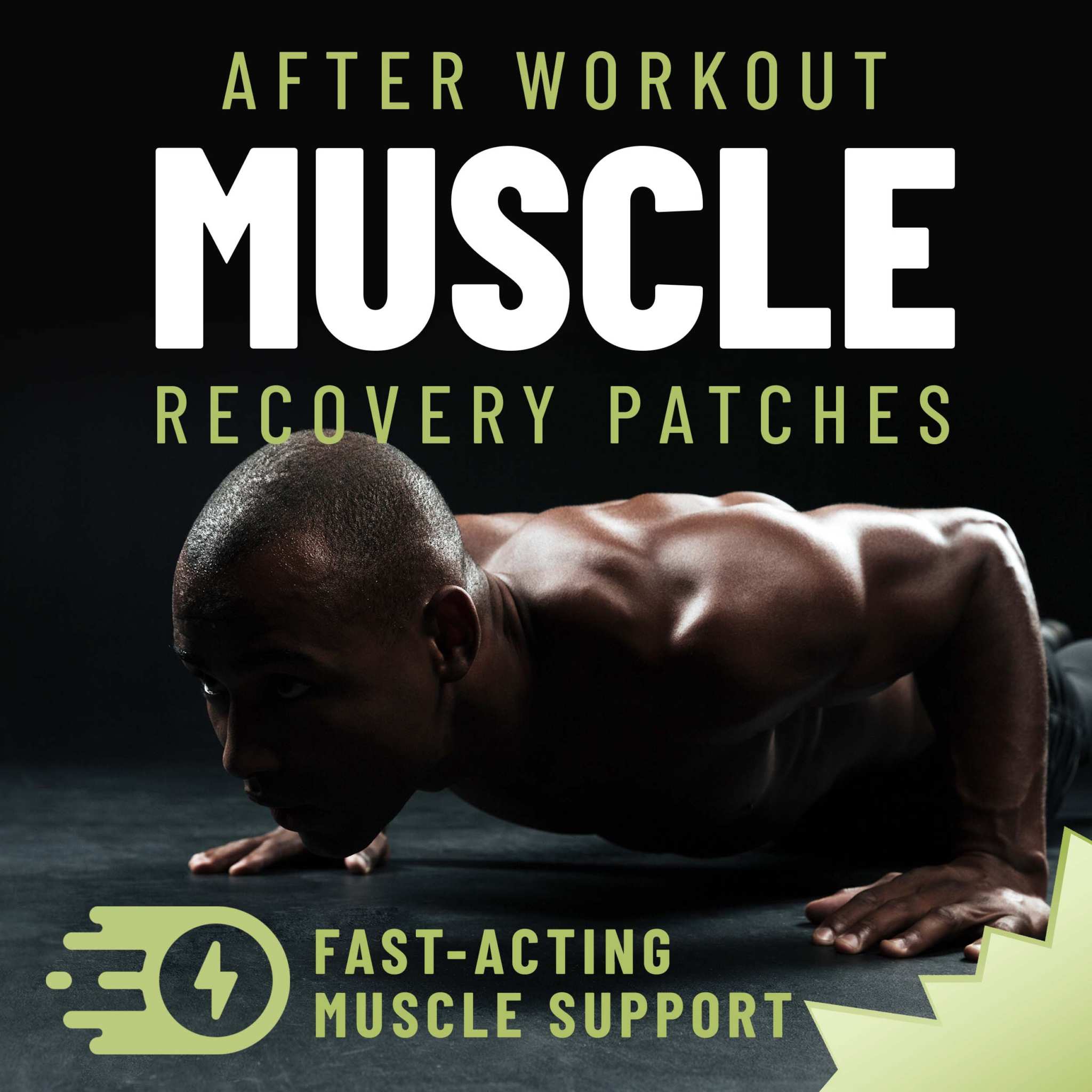 Post-Workout Muscle Recovery Patches featuring bold muscle support text and an athlete doing push-ups