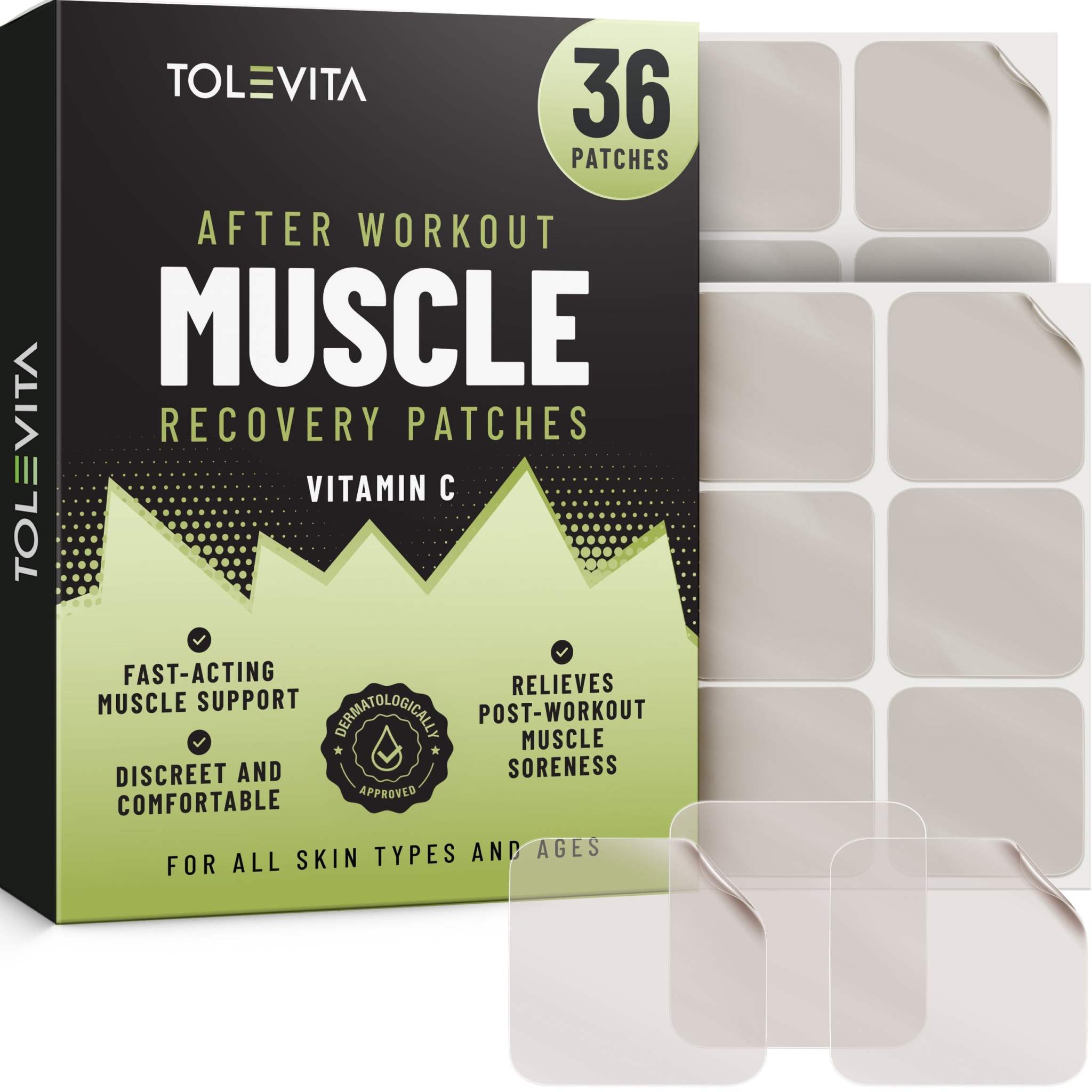 Post-Workout Muscle Recovery Patches with Vitamin C, 36 beige adhesive patches in a retail box