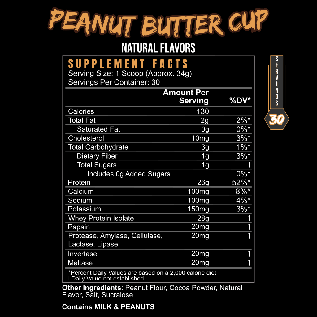Protein supplement facts label for post-workout muscle recovery, showing peanut butter cup natural flavor and 26g protein