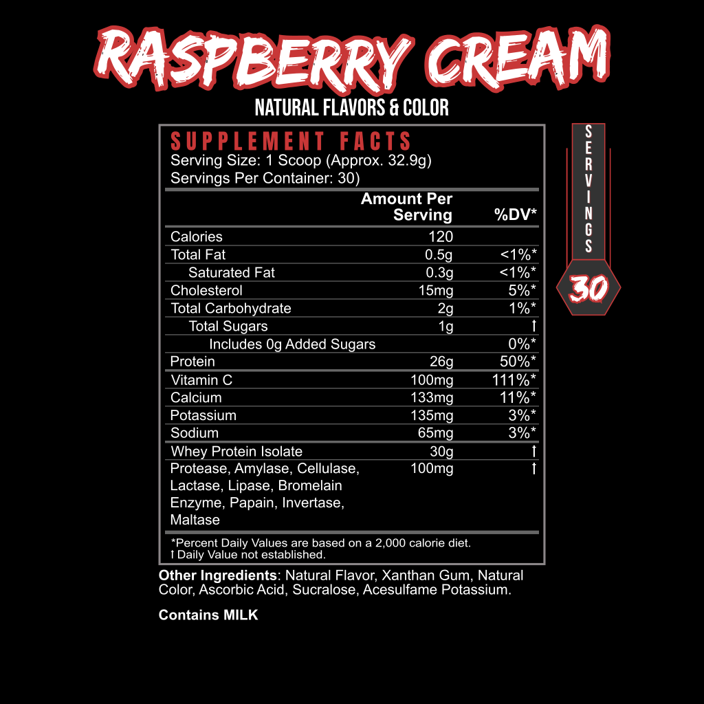Whey protein isolate supplement label in raspberry cream flavour, with red lettering and a black background for post-workout muscle recovery