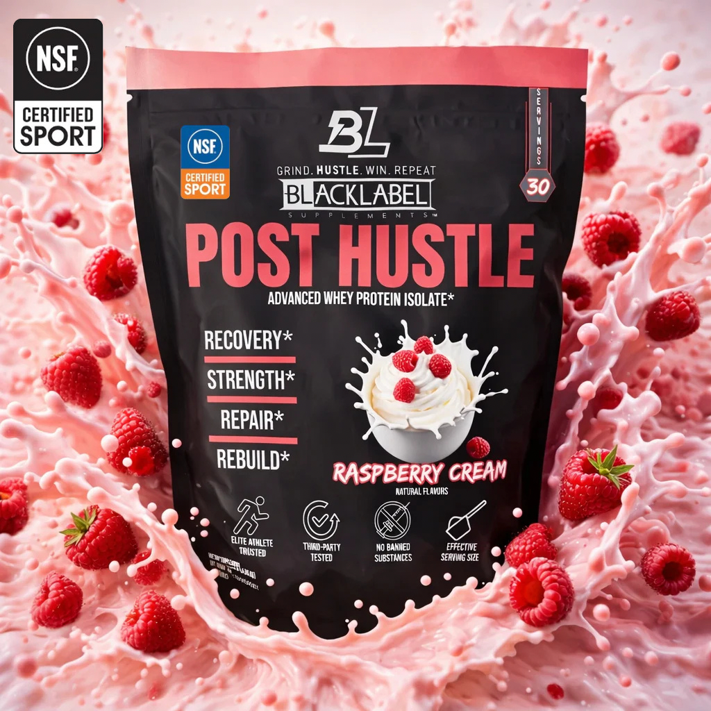 post-workout muscle recovery whey protein isolate in a black pouch with coral lettering and raspberry cream flavor