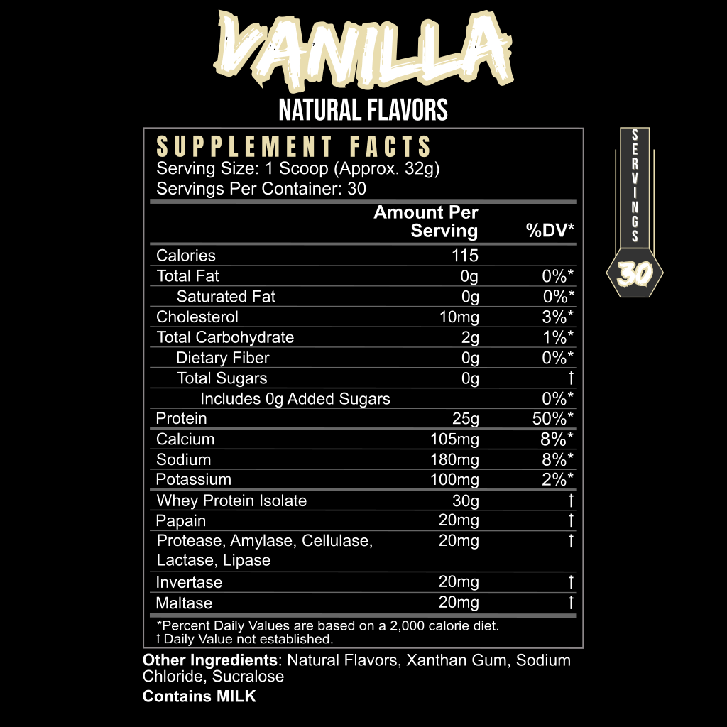 Vanilla whey protein isolate post-workout muscle recovery supplement with a black label, natural flavors, and 30 servings