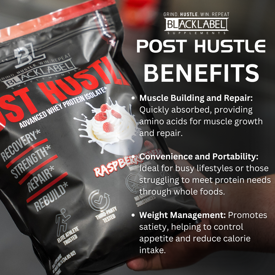 Post HUSTLE whey protein isolate pouch in black and red, featuring raspberry flavor artwork and muscle recovery benefits; supports post-workout muscle recovery.