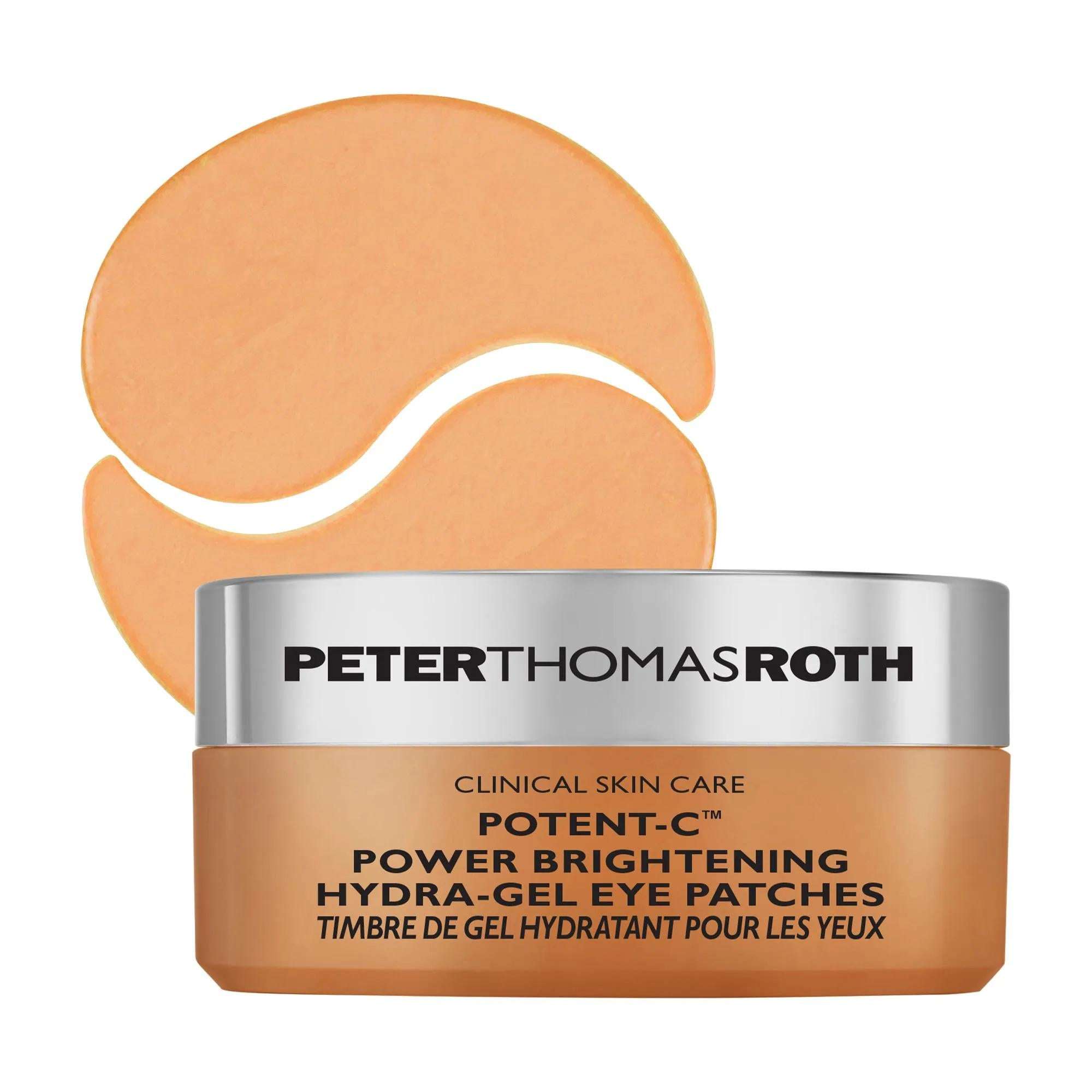 Potent-C&trade Eye Contour Gel Patches in a copper jar with two peach-colored crescent gel patches