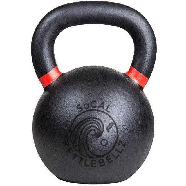 Powder coated cast iron kettlebell with color weight indicators and debossed logo