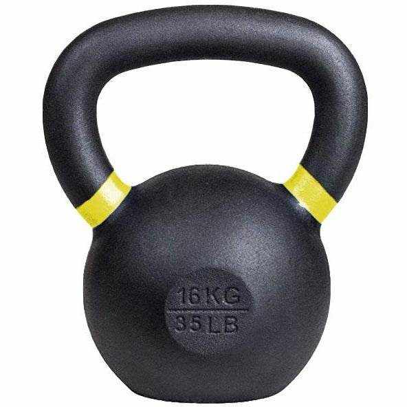 Powder coated kettlebell with textured grip and color-coded handle