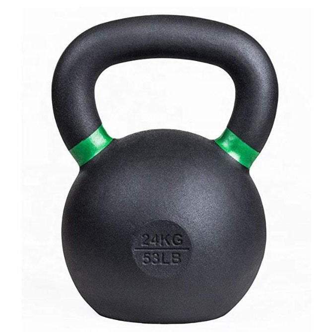 Powder coated cast iron kettlebell with textured grip and color weight indicators