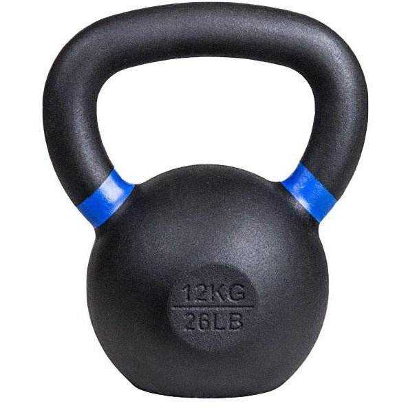 Powder coated kettlebell with textured grip and color weight indicators