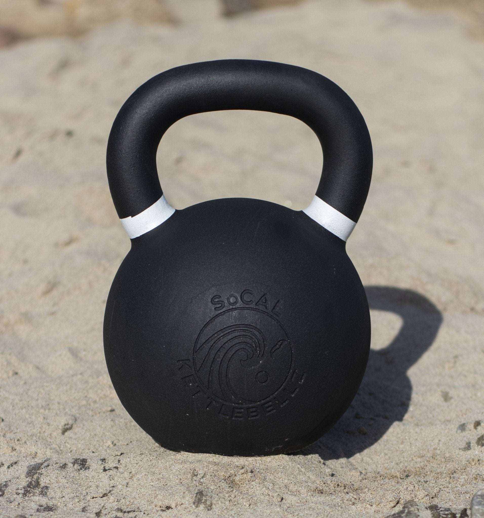Powder coated kettlebell with textured grip and color weight indicators