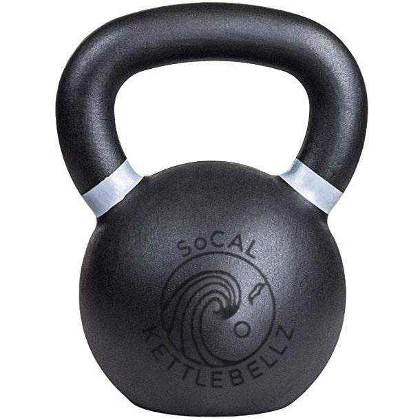 Powder coated cast iron kettlebell with textured grip and color weight indicators