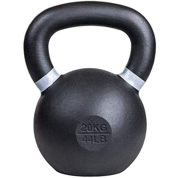 Powder coated cast iron kettlebell with textured grip and color weight indicators