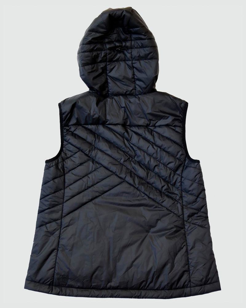Powerstripe Eco-Friendly Down Hooded Vest in black quilted fabric, featuring a hood and diagonal stripe stitching