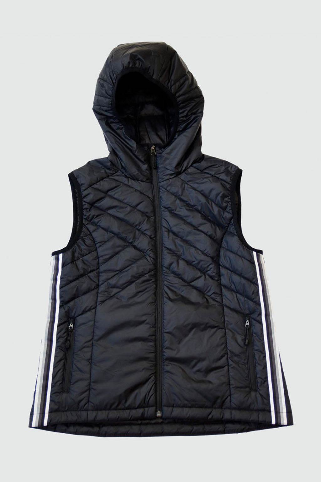 Powerstripe Eco-Friendly Down Hooded Vest in black quilted fabric with a front zipper, hood, and white side stripes