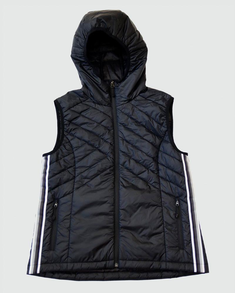 Powerstripe Eco-Friendly Down Hooded Vest in black quilted fabric with a full zip, hood, and white side stripes.