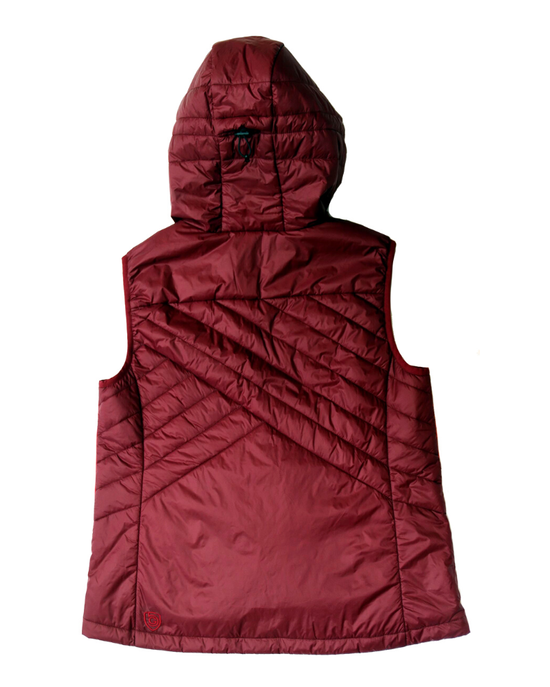 Powerstripe Eco-Friendly Down Hooded Vest in burgundy quilted fabric, with a hood and distinctive diagonal stitched panels