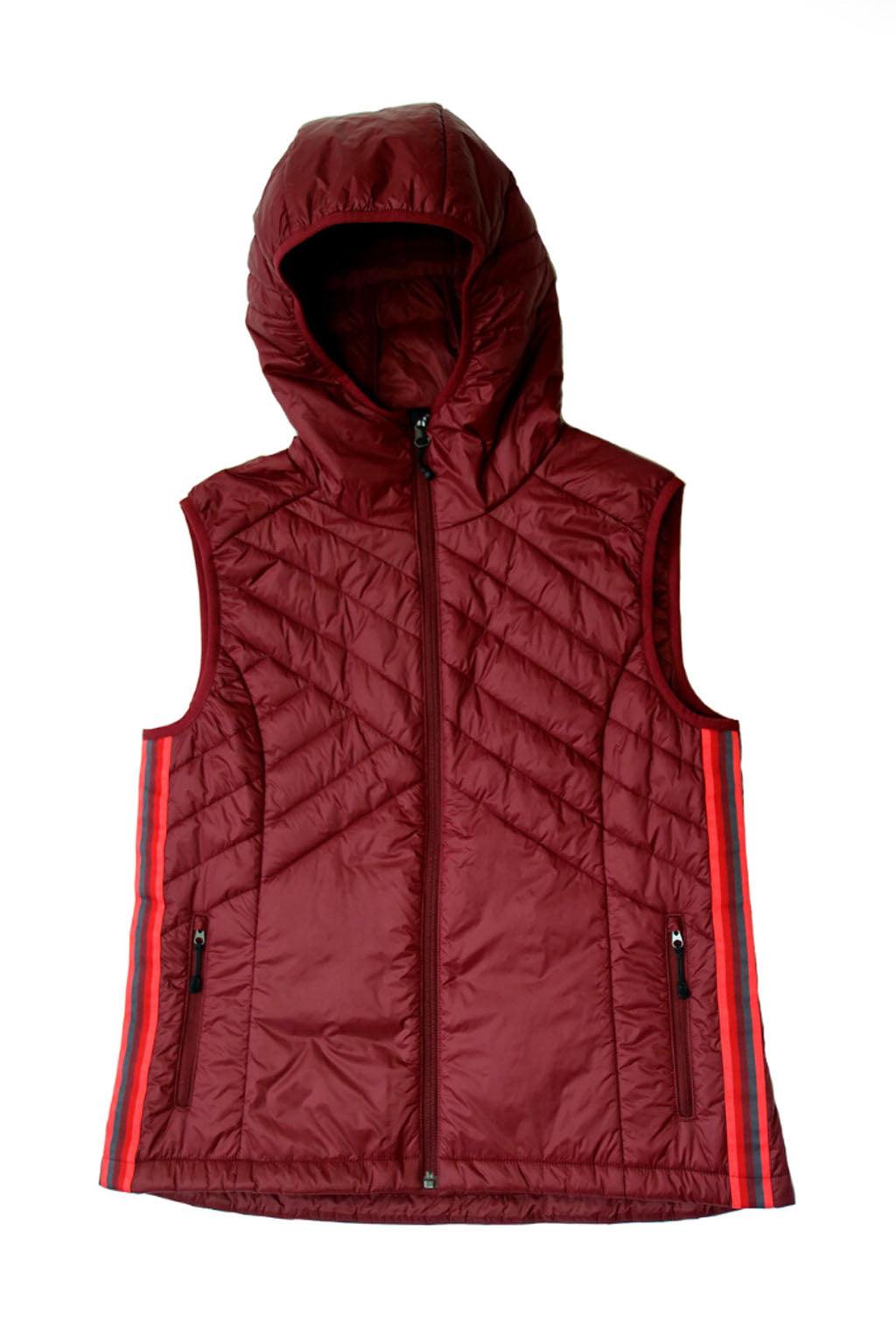 Powerstripe Eco-Friendly Down Hooded Vest in burgundy quilted fabric, with a full zip, hood, and bright side stripes