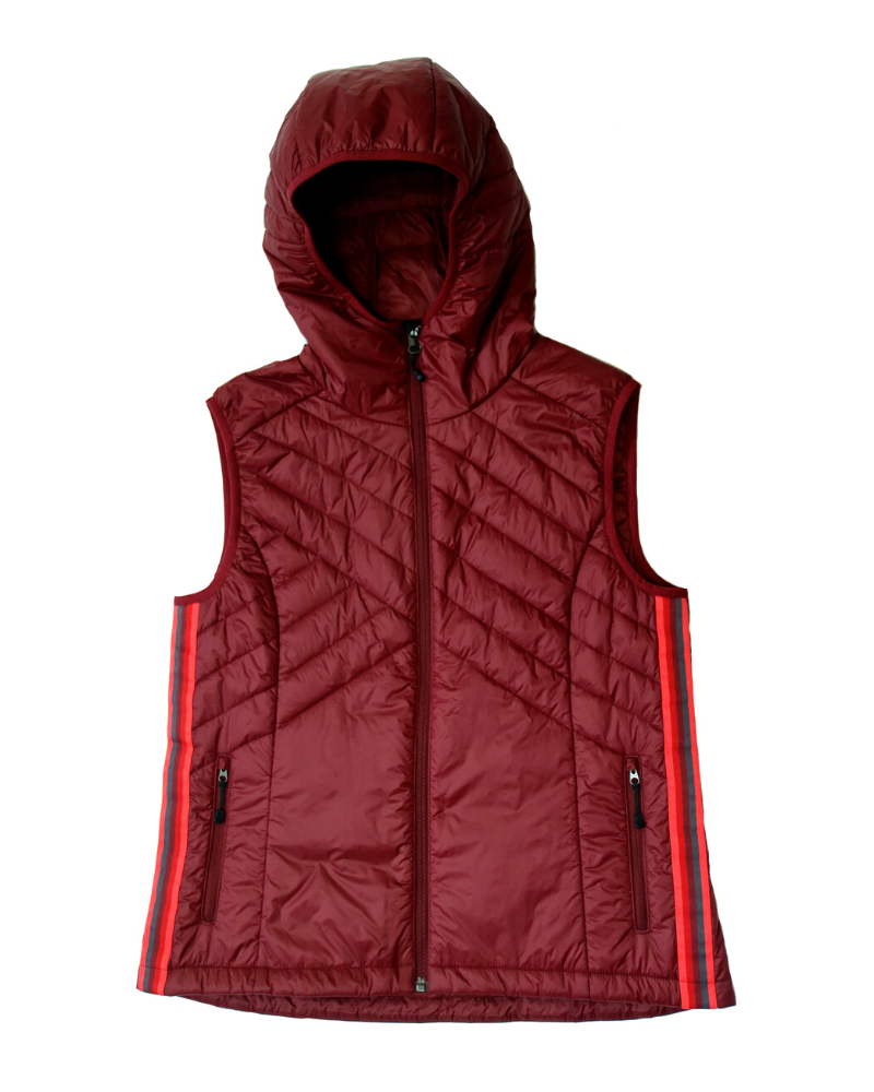 Powerstripe Eco-Friendly Down Hooded Vest in burgundy quilted fabric with a hood, front zipper, and bright side stripes