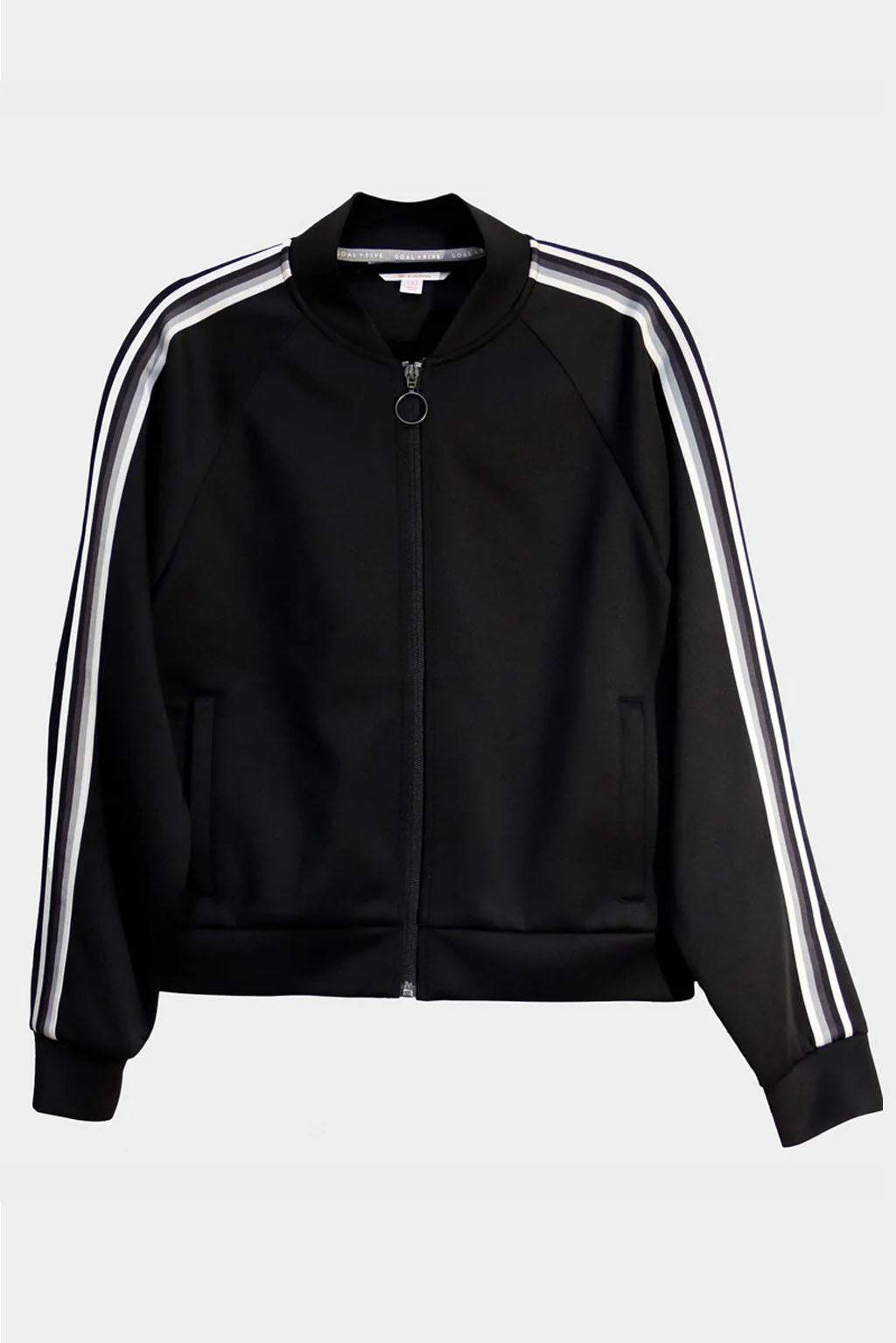 Powerstripe LS Track Jacket in black with white double stripes down the sleeves, a zip front, and ribbed cuffs and hem