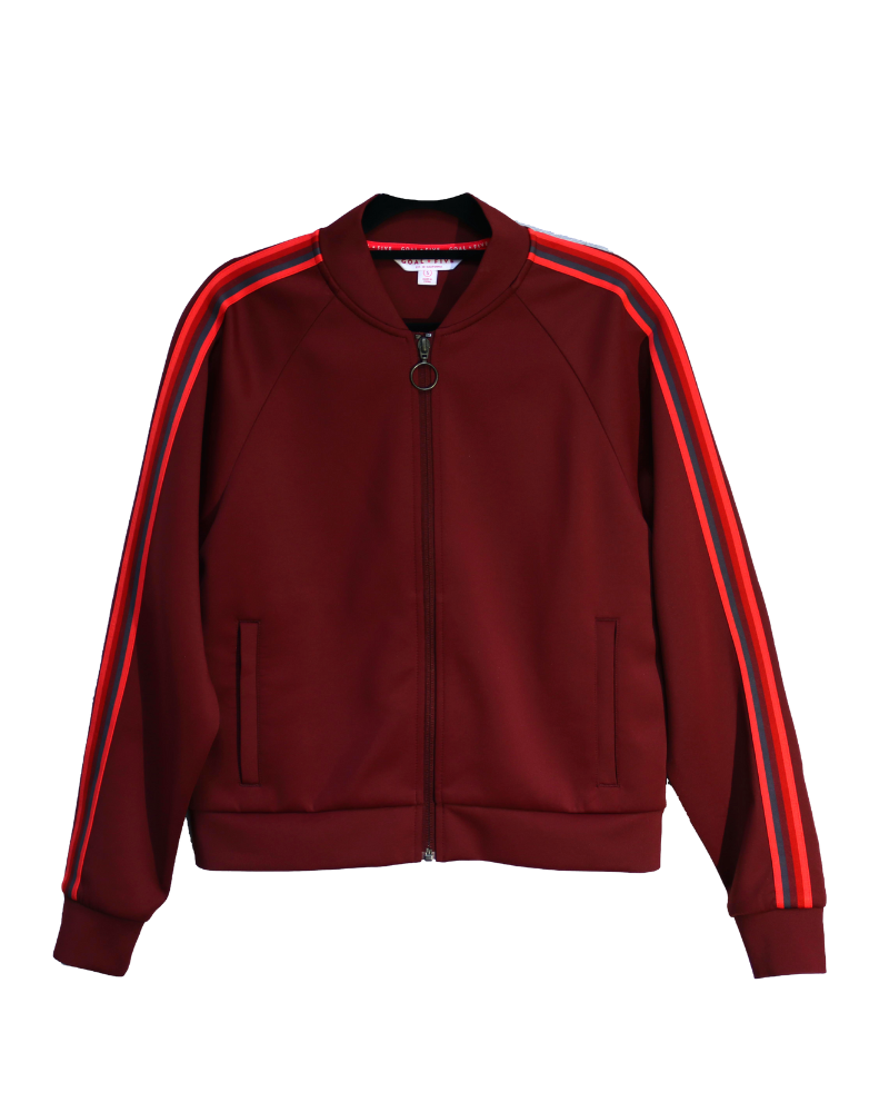 Powerstripe LS Track Jacket in deep burgundy with bright red double sleeve stripes, a full front zip, and ribbed cuffs and hem