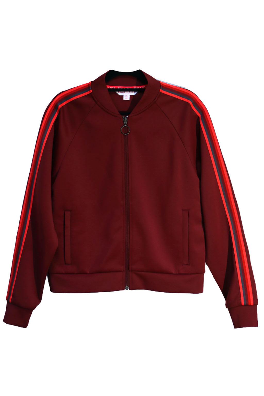 Powerstripe LS Track Jacket in deep burgundy fabric with bright red sleeve stripes, ribbed collar and hem, and front zip