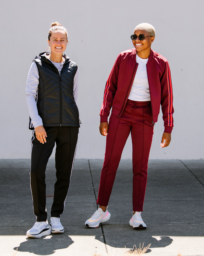 Powerstripe LS Track Jacket in burgundy with long sleeves, zip front, stand collar and contrasting striped sleeve details