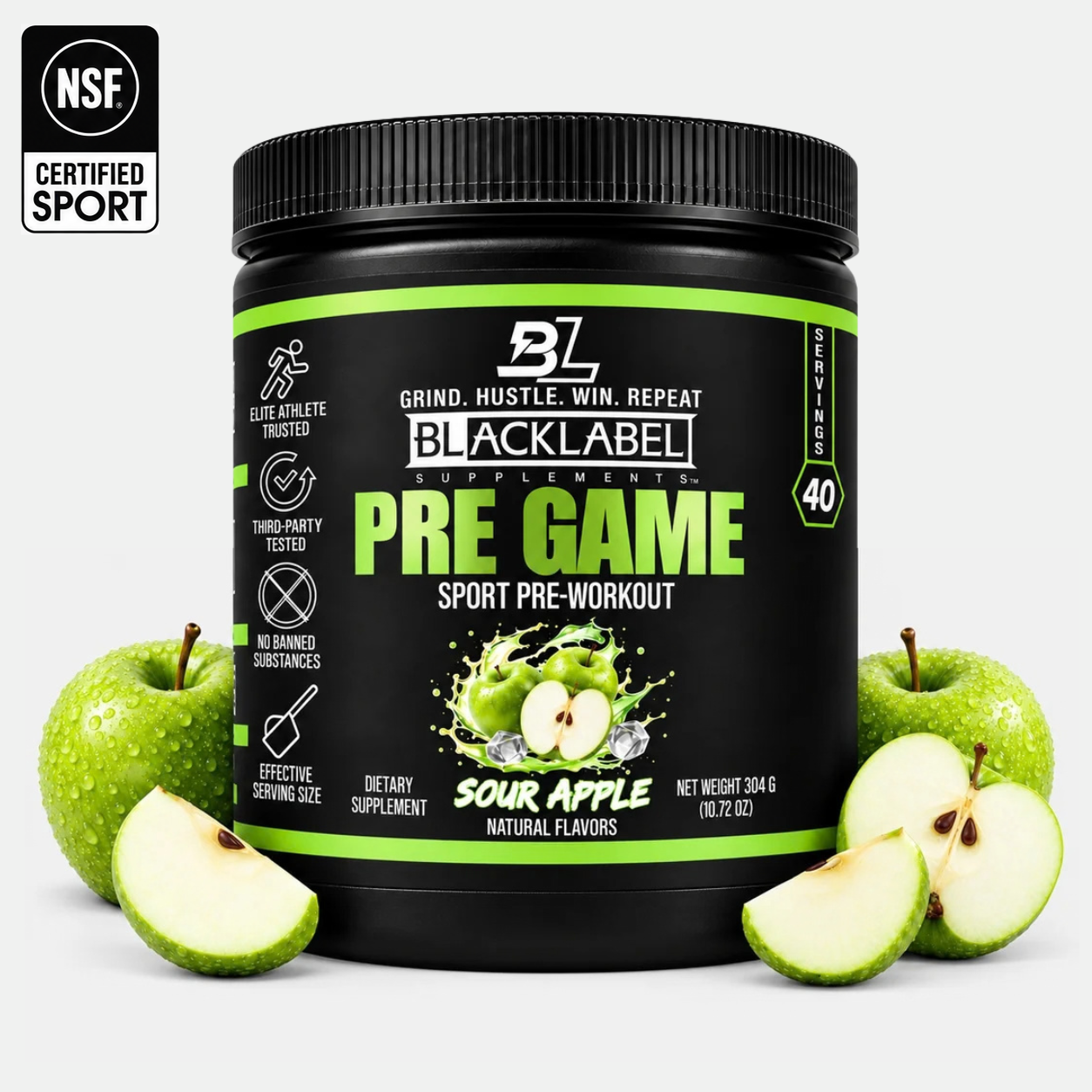 PRE GAME workout supplement in a black tub with bright green lettering, featuring a sour apple flavor label