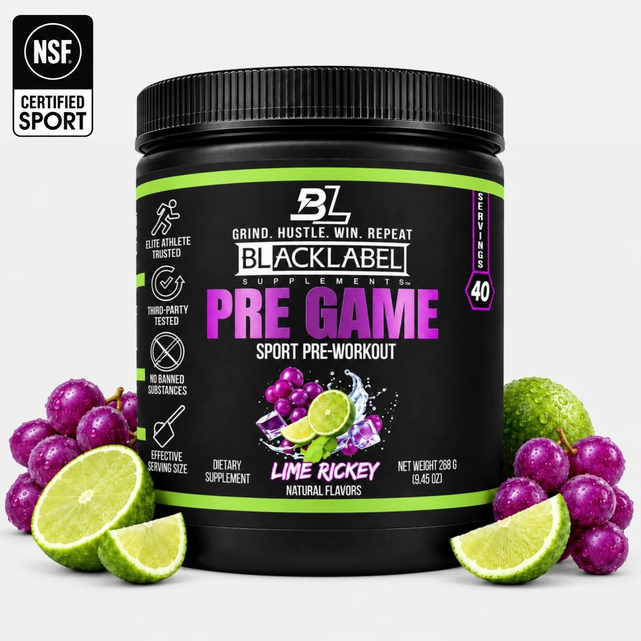 PRE GAME workout supplement in a black tub with a bright green and purple label, lime and berry flavor graphics