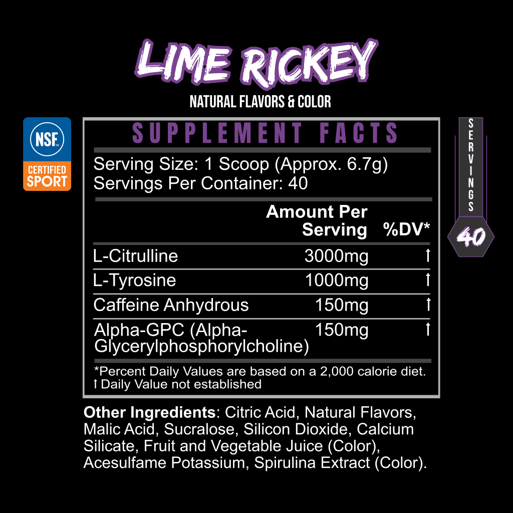 PRE GAME supplement facts label showing purple Lime Rickey flavor branding, black packaging and caffeine content per serving