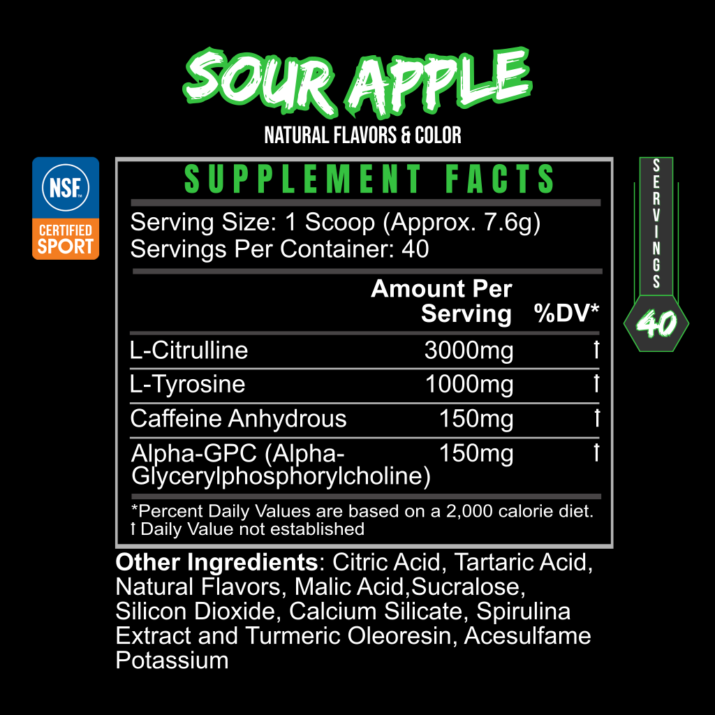 PRE GAME sour apple flavored supplement facts label with green-and-white lettering, black background, and NSF Certified for Sport badge