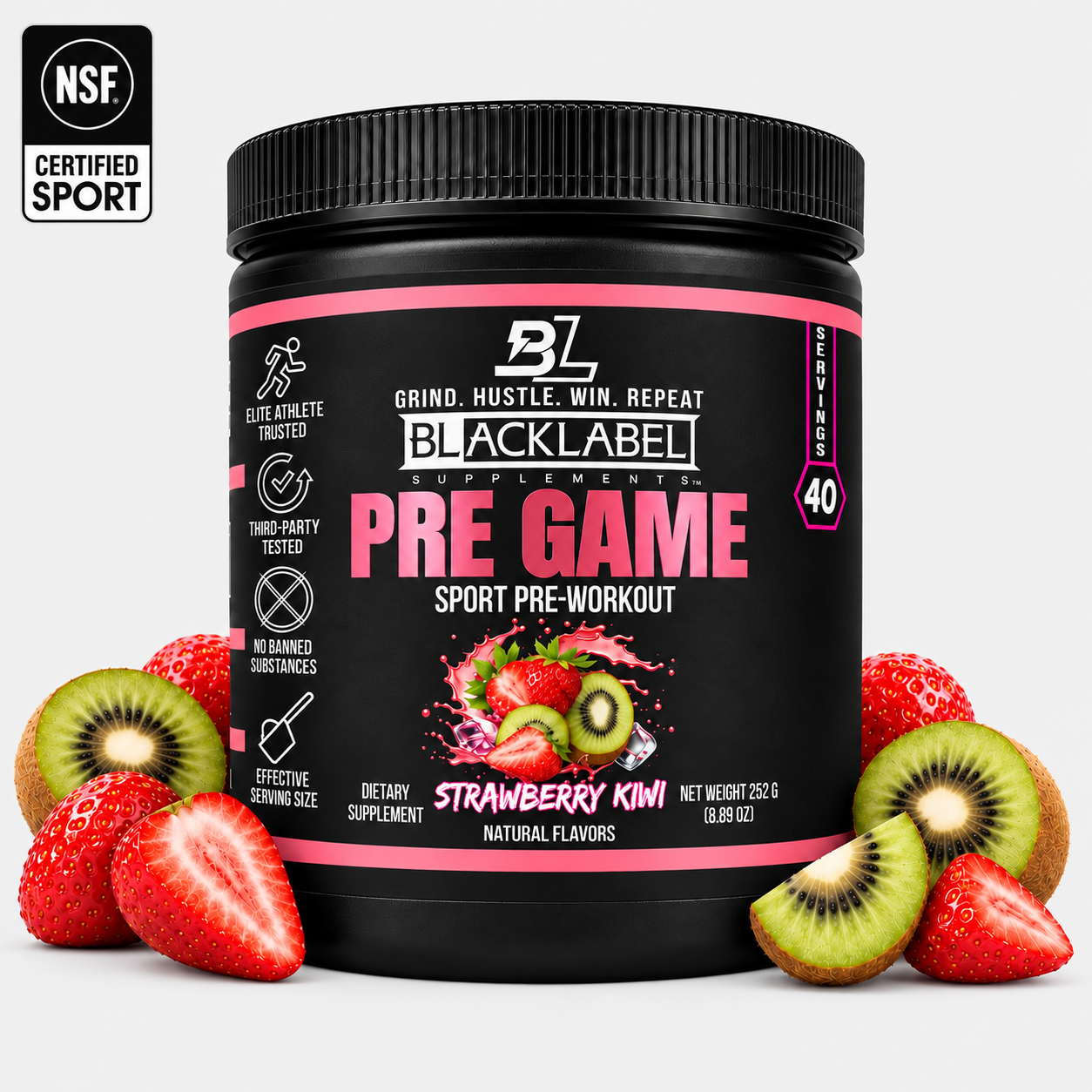 PRE GAME strawberry kiwi pre-workout supplement in a black tub with a pink label and 40 servings