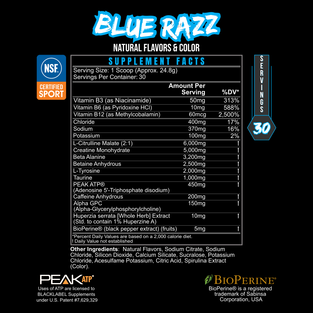 Supplement facts label for PRE HUSTLE Pre-Workout showing Blue Razz flavor with detailed nutrient and ingredient information on a black background