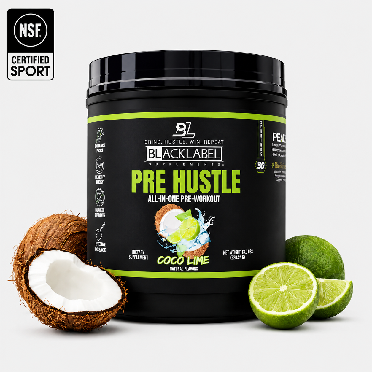 PRE HUSTLE Pre-Workout supplement in black container with green and yellow label, coco lime flavor, surrounded by coconut and lime pieces.