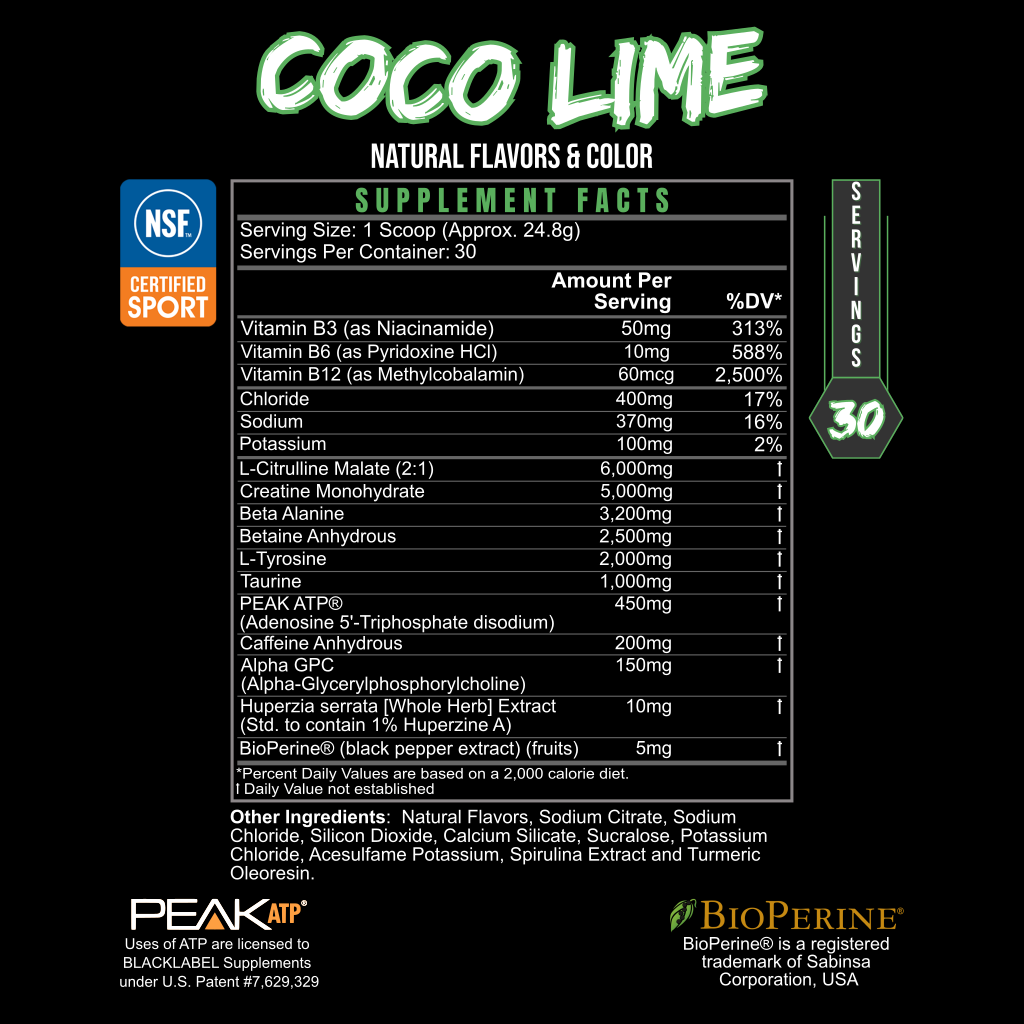 Supplement facts label for PRE HUSTLE Pre-Workout in Coco Lime flavor showing vitamins, amino acids, caffeine, and proprietary extracts with natural ingredients and 30 servings.