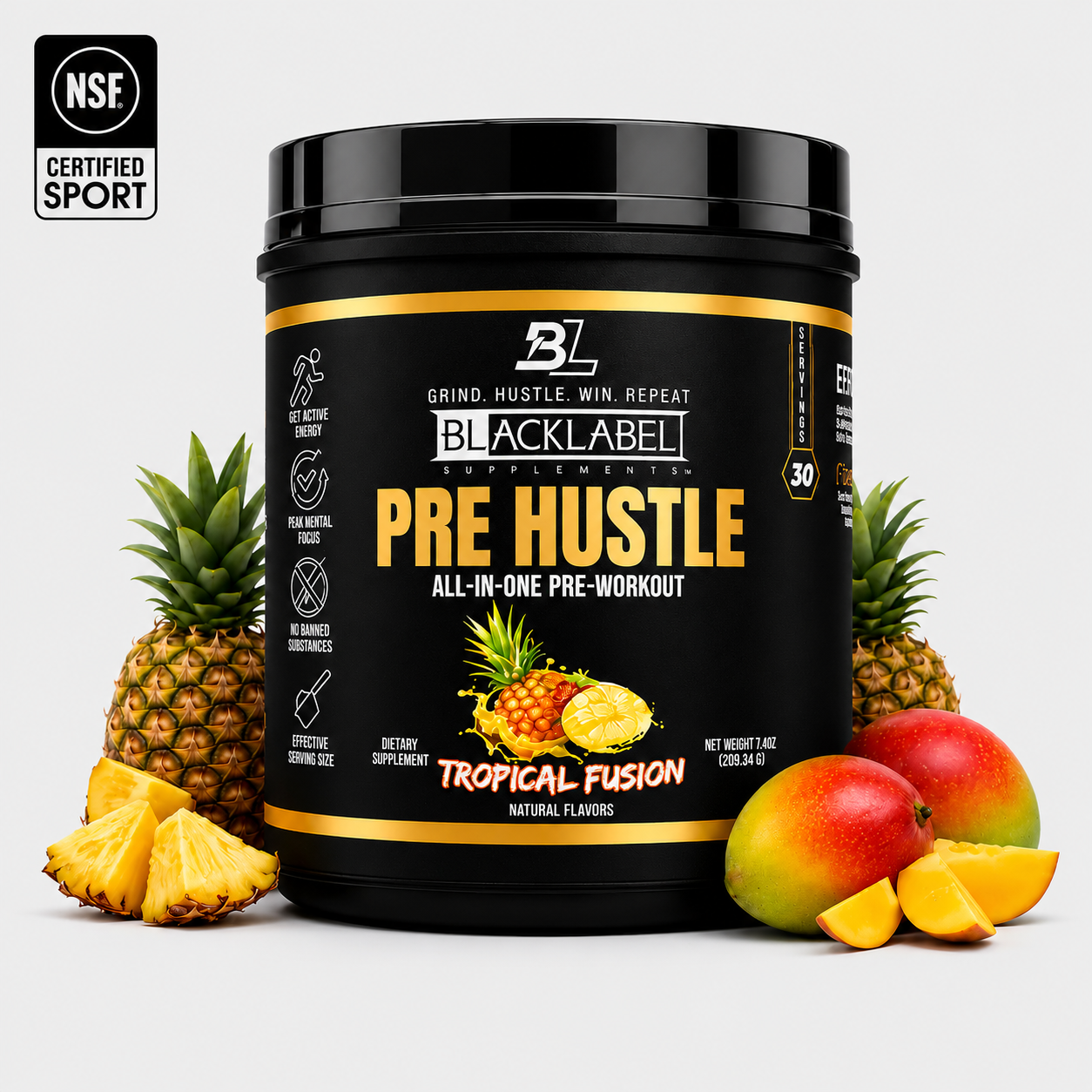 PRE HUSTLE Pre-Workout black tub with tropical fusion flavor label, featuring pineapple and mango fruit illustrations.