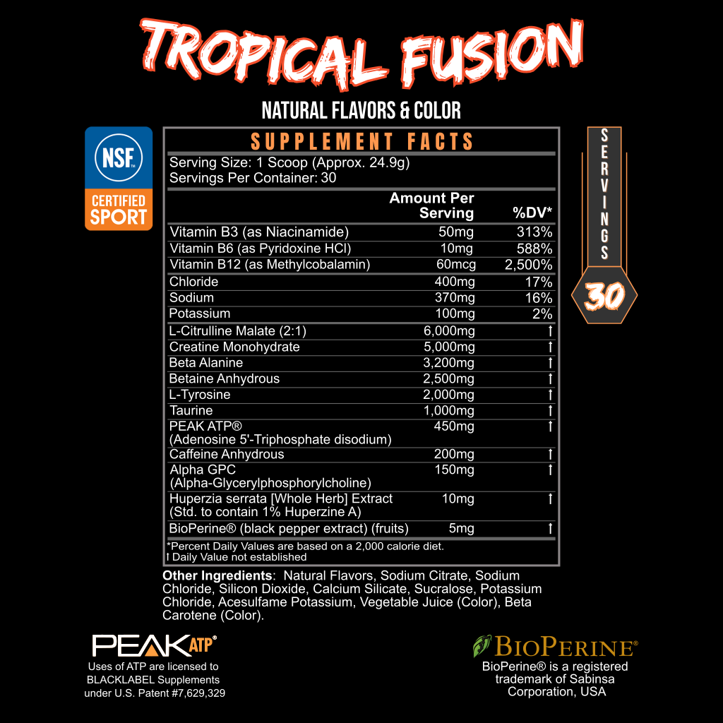 Supplement facts label of PRE HUSTLE Pre-Workout showing natural flavors Tropical Fusion with vitamins and amino acids in a black and orange design
