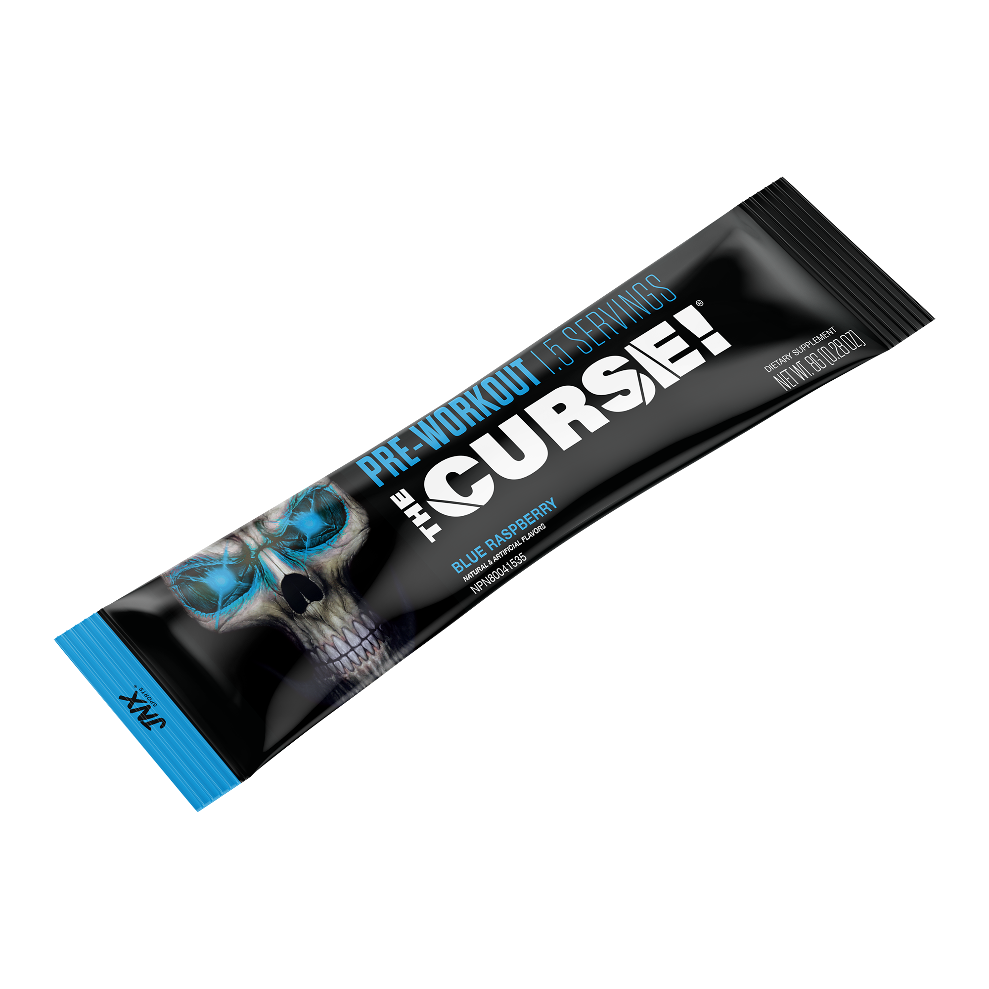 The Curse! blue raspberry pre-workout stick in black packaging with a blue skull graphic and bold white text, labeled Pre-Workout Stick.