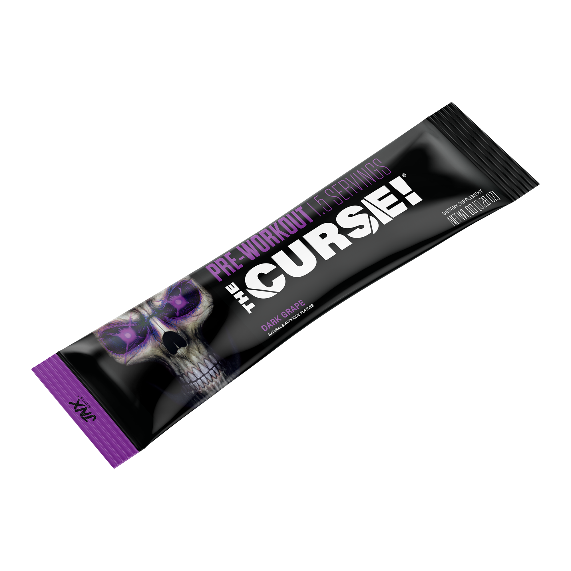 Pre-Workout Stick in black and purple packaging with dark grape flavor, featuring a skull graphic and bold white text.