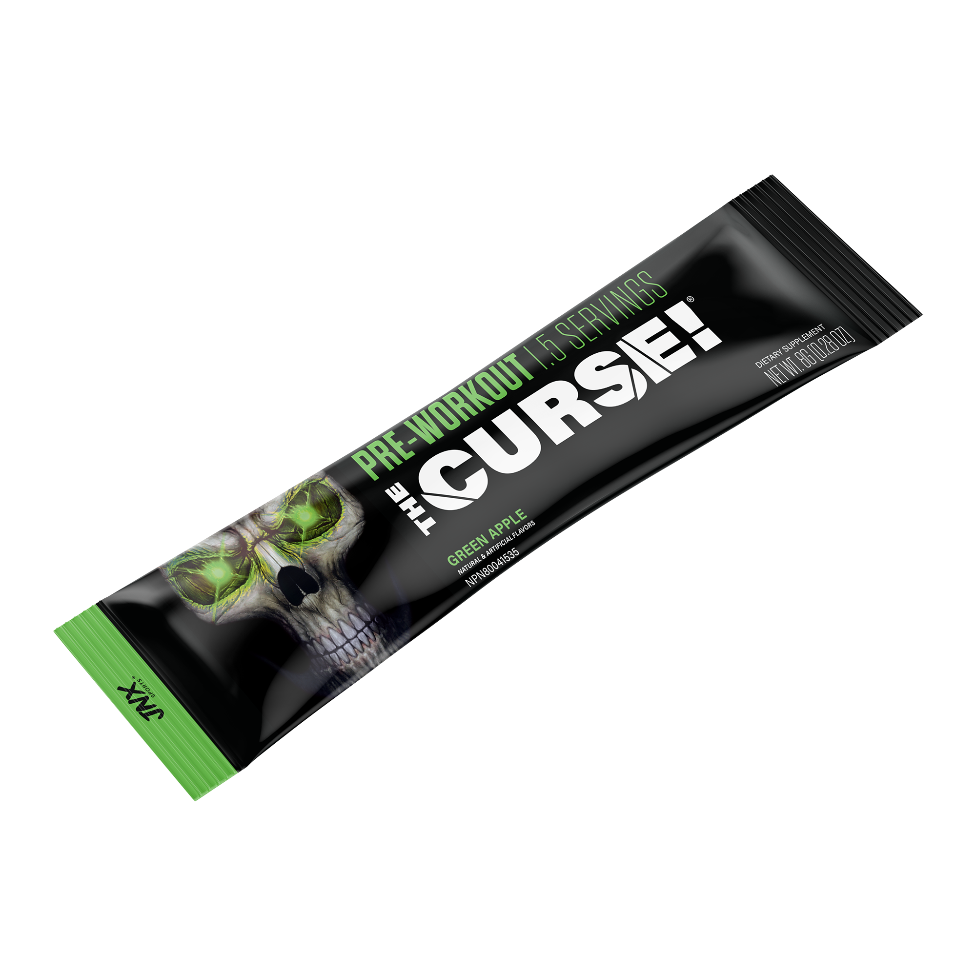 Pre-Workout Stick with black and green packaging featuring a skull graphic and bold white text for The Curse! brand.