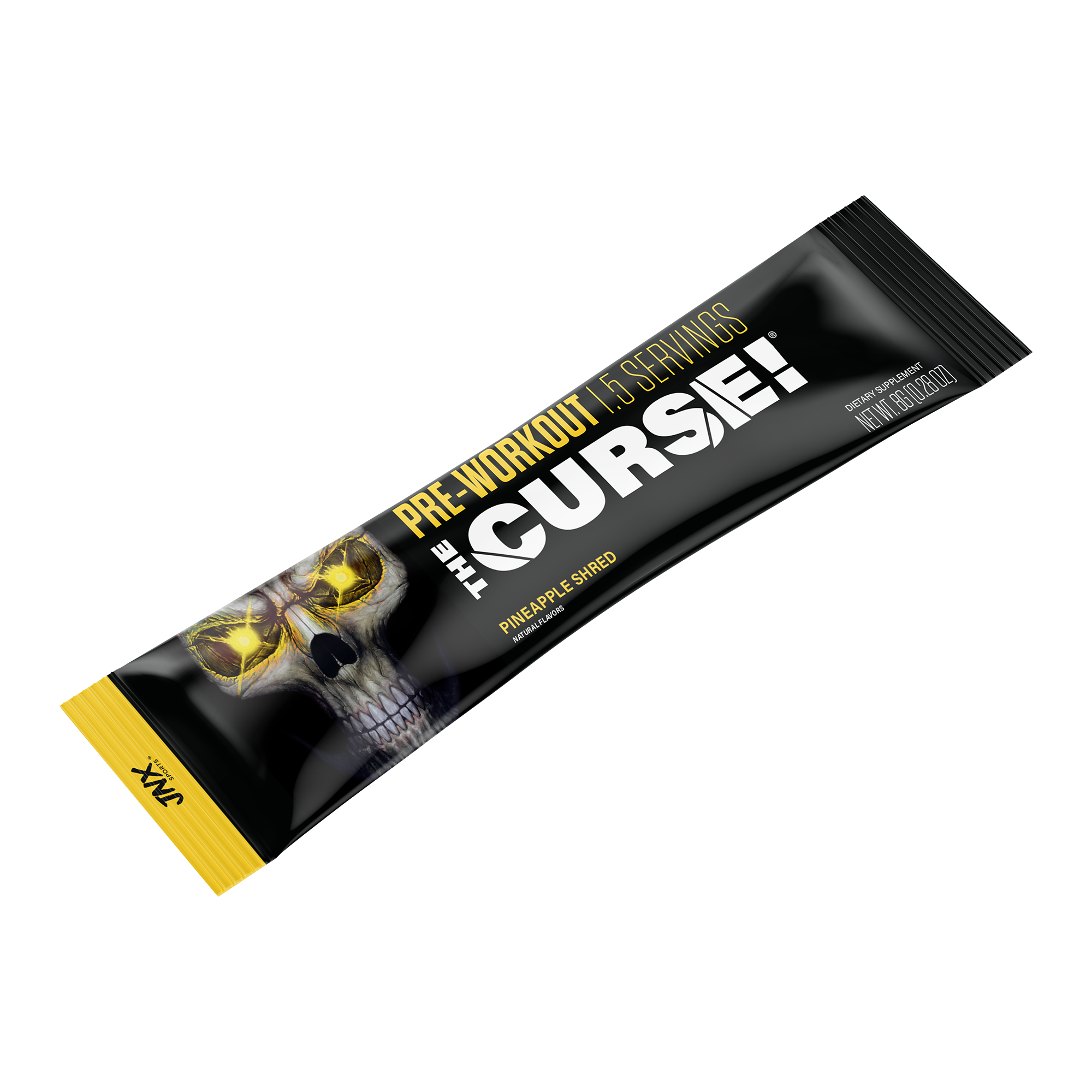 Pre-Workout Stick black and yellow packet with skull graphic and bold white and yellow text "The Curse!" and "Pineapple Shred" flavor label.