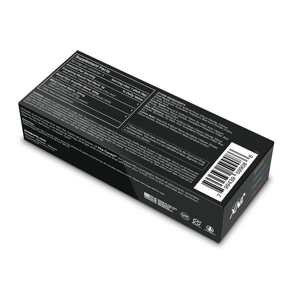 Pre-workout Variety Pack box in black with white supplement facts text and barcode on the back, showing detailed ingredients and information