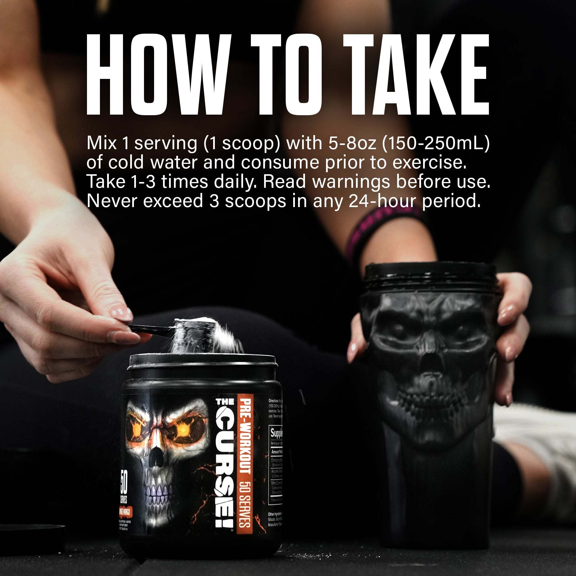 Pre-workout Variety Pack showing a black container with a skull design and a matching black shaker cup held by hands against a dark background