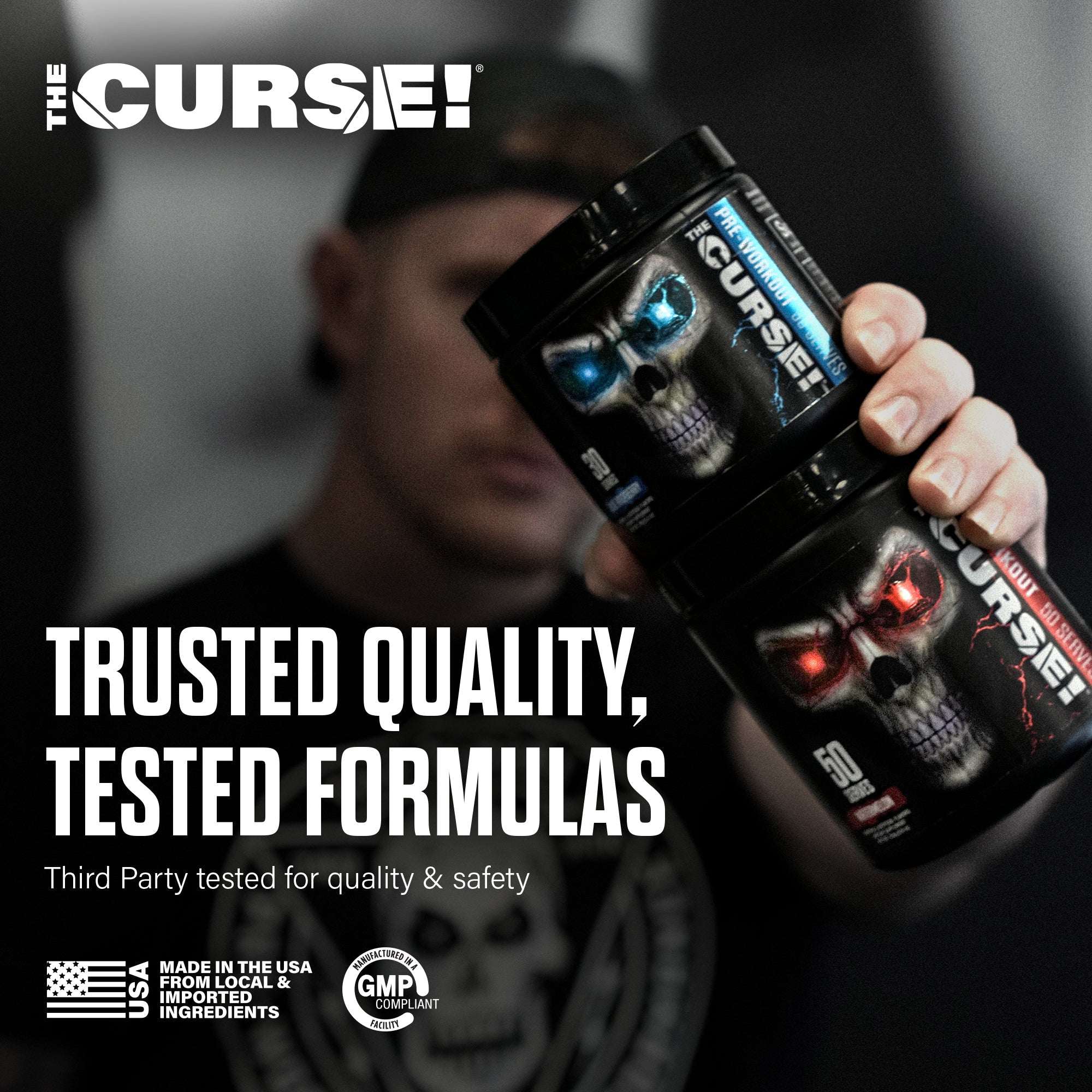 Pre-workout Variety Pack featuring two black jars with skull graphics and bold label text held by a person, emphasizing quality tested formulas