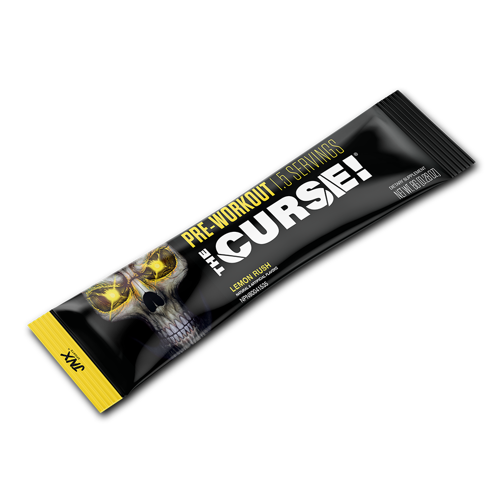 Pre-workout Variety Pack single lemon rush flavor stick in black packaging with yellow accents and a skull graphic