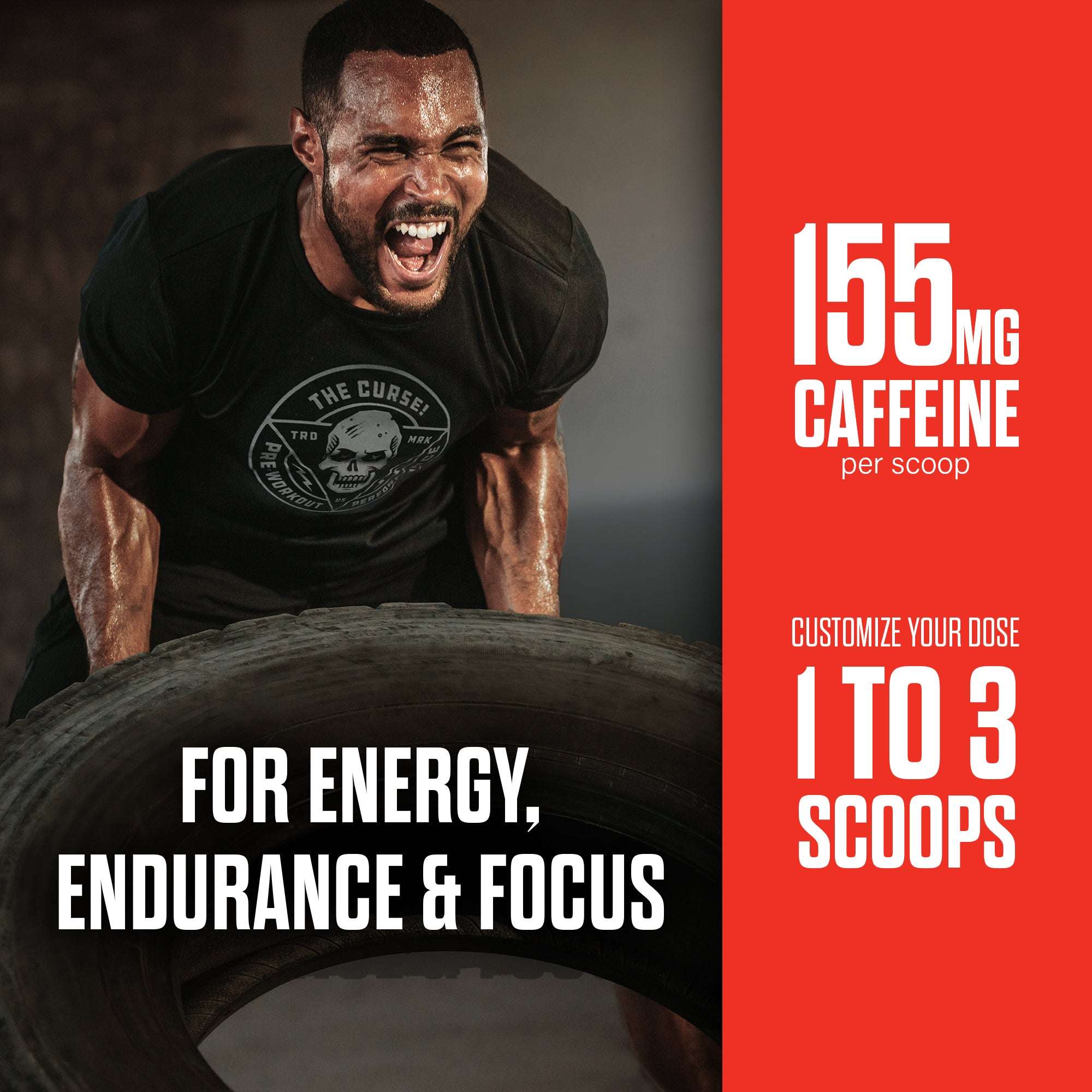 Pre-workout Variety Pack featuring intense man lifting a large tire with sweat and focus, promoting energy endurance and focus