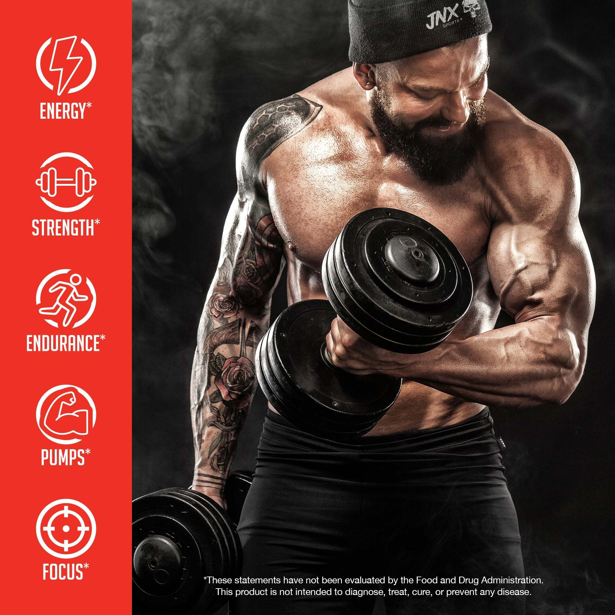 Muscular tattooed man lifting black dumbbell with intense focus wearing black beanie and shorts, highlighting energy and strength benefits for Pre-workout Variety Pack