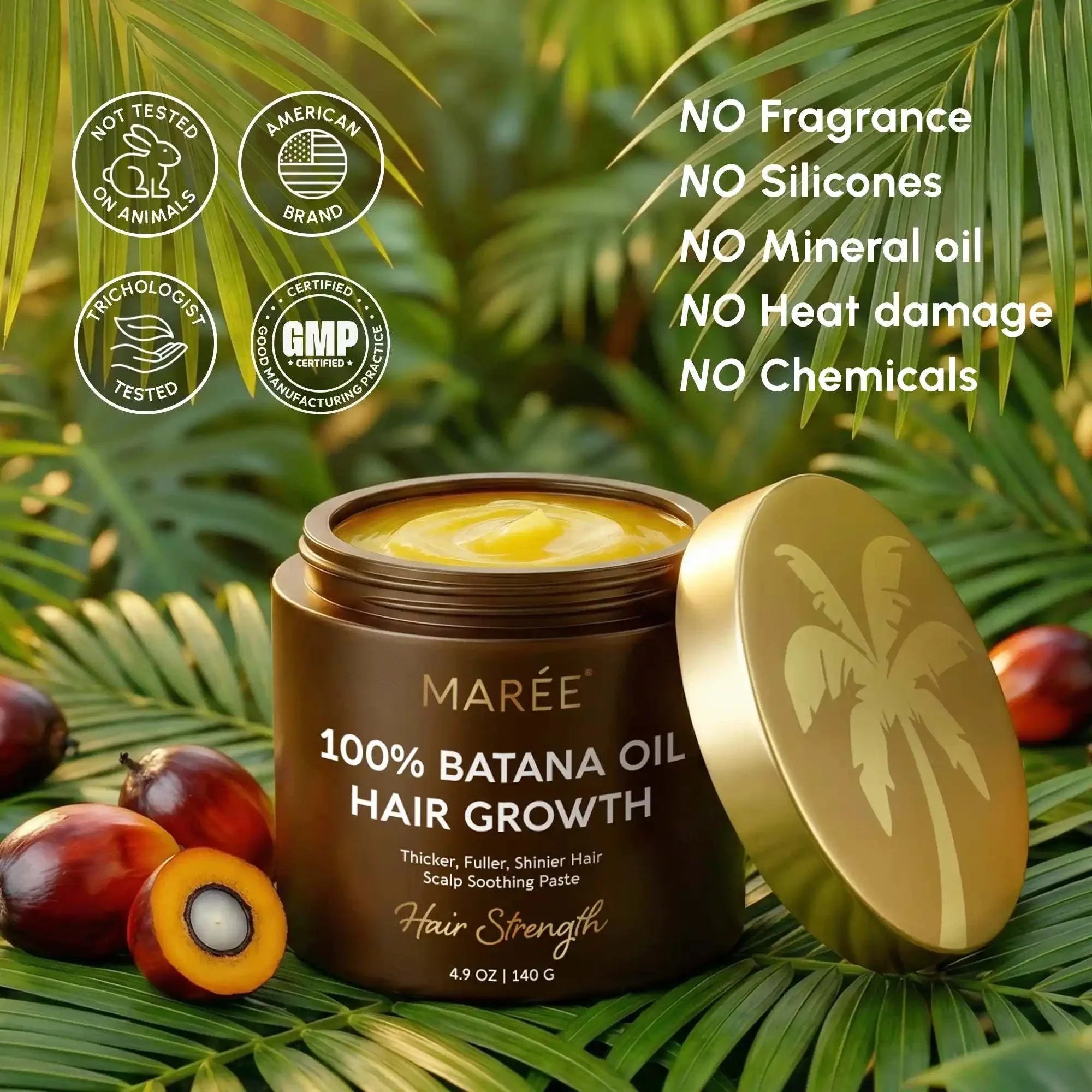 Pure Batana Hair Growth Paste in a brown jar with golden cream, matching lid, and 100% Batana oil label