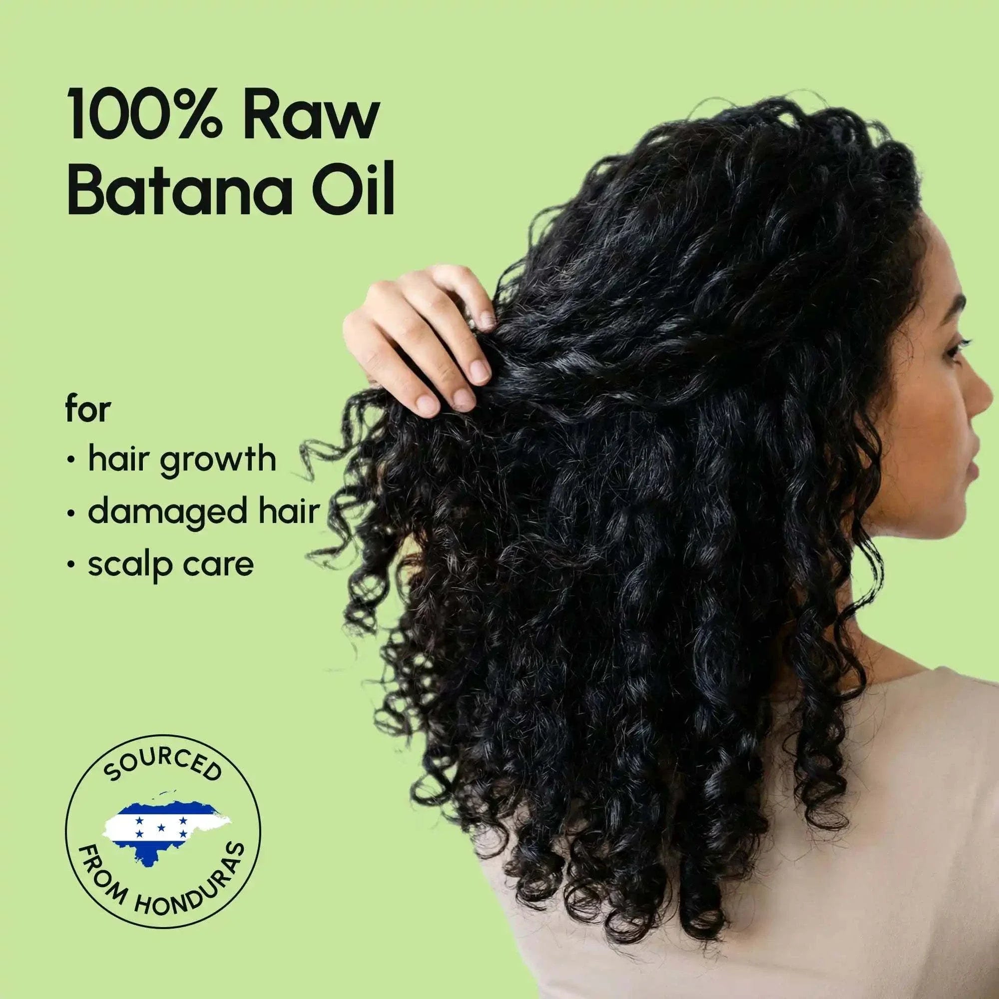 Pure Batana Hair Growth Paste feature graphic with a woman touching long, thick black curly hair and 100% raw Batana oil text