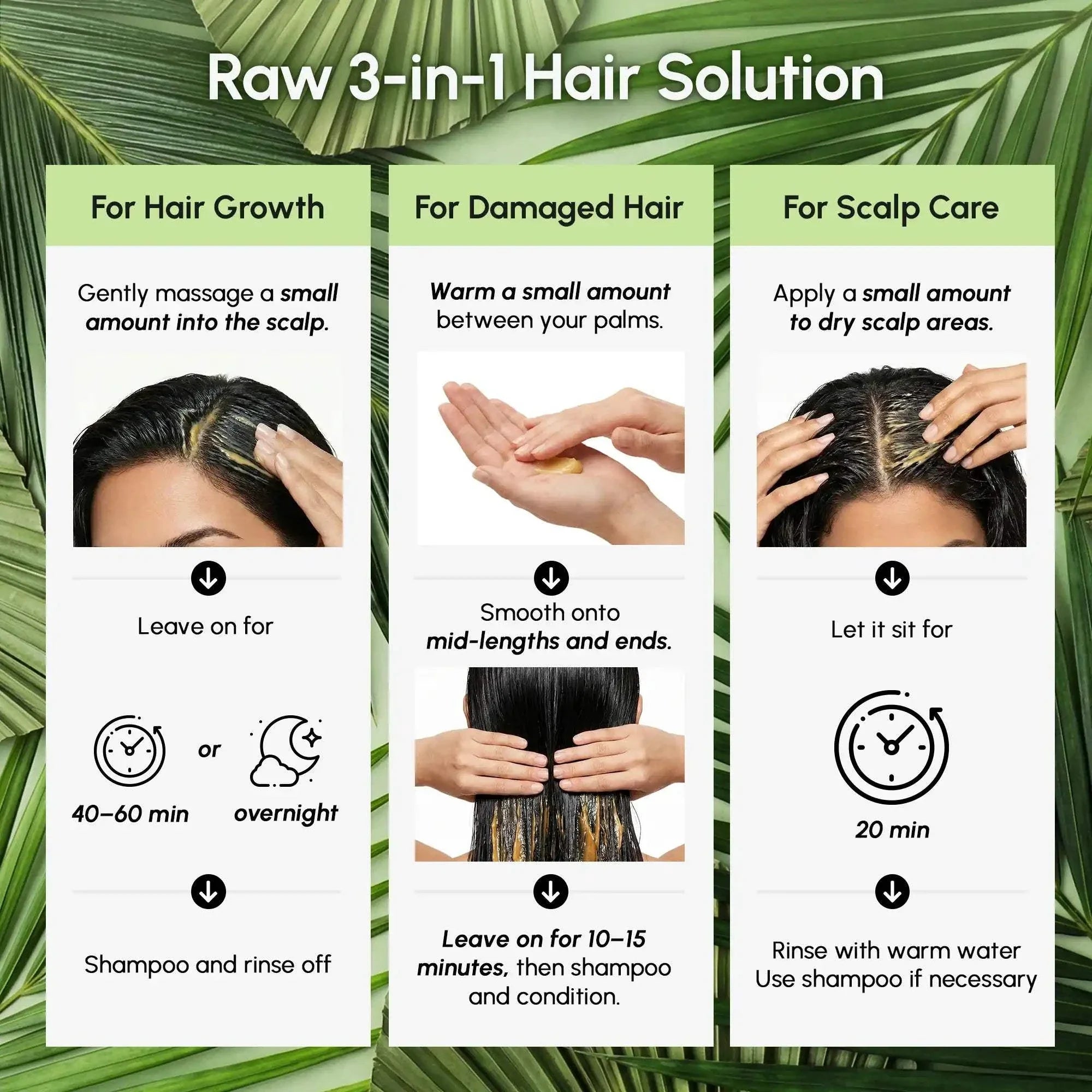 Pure Batana Hair Growth Paste infographic showing three hair care uses for growth, damaged hair and scalp care