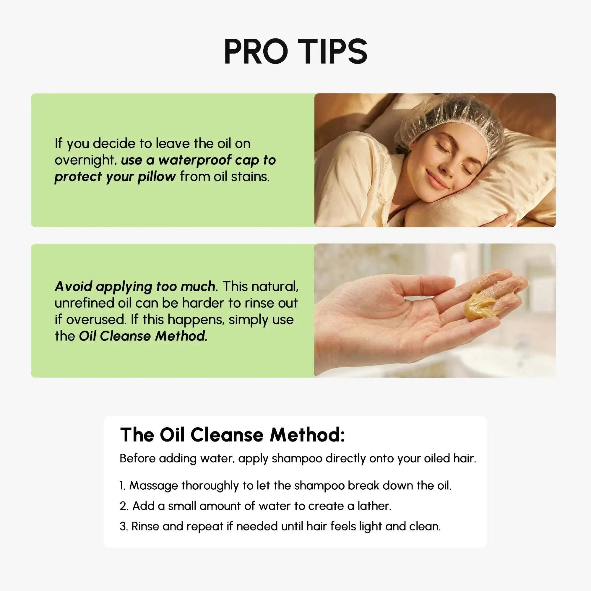 Pure Batana Hair Growth Paste skincare tip graphic with green advice panels, a sleeping woman and golden paste in a hand